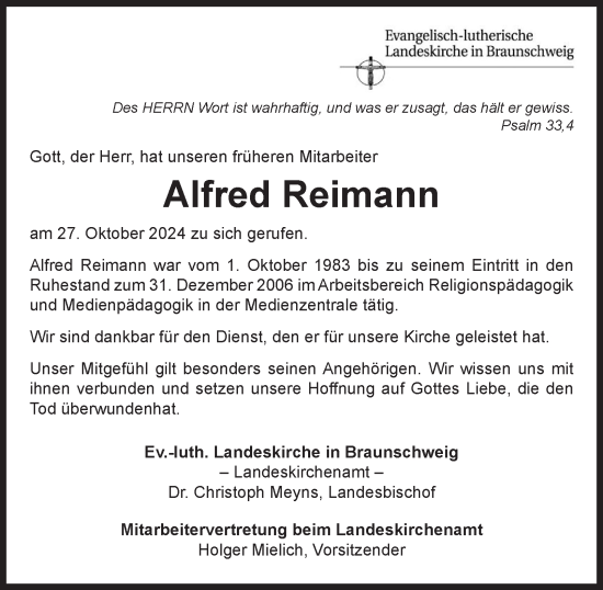 Traueranzeige von Alfred Reimann 