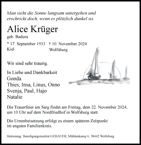 Traueranzeige von Alice Krüger 