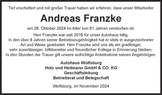 Traueranzeige von Andreas Franzke 