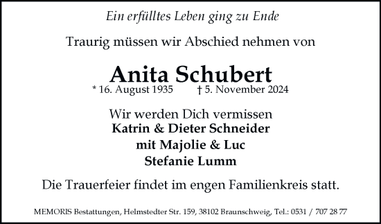 Traueranzeige von Anita Schubert 