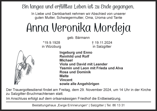 Traueranzeige von Anna Veronika Mordeja von Salzgitter-Zeitung