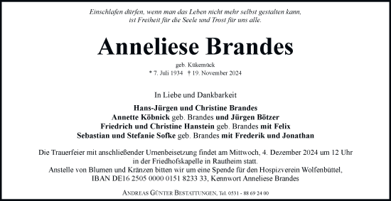 Traueranzeige von Anneliese Brandes 