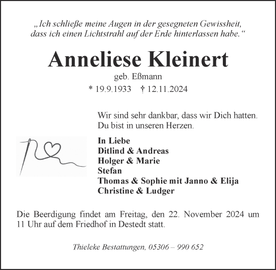 Traueranzeige von Anneliese Kleinert von Wolfenbütteler Zeitung