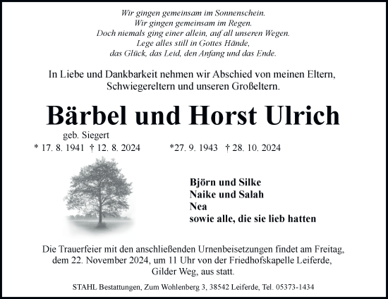 Traueranzeige von Bärbel und Horst Ulrich 