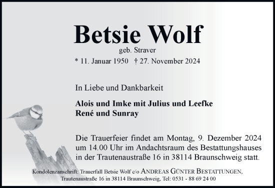 Traueranzeige von Betsie Wolf 