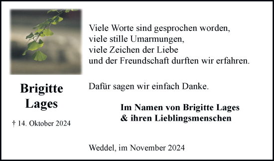 Traueranzeige von Brigitte Lages 