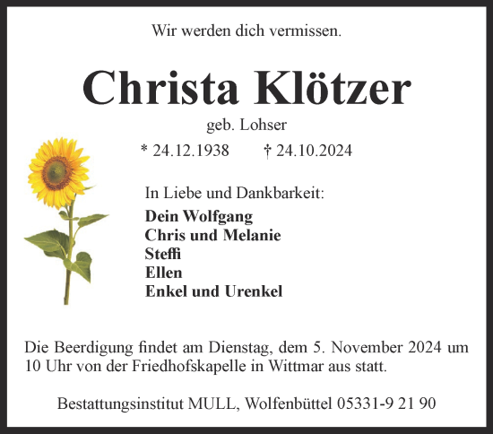 Traueranzeige von Christa Klötzer von Wolfenbütteler Zeitung