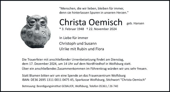 Traueranzeige von Christa Oemisch 