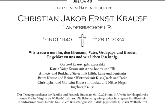 Traueranzeige von Christian Jakob Ernst Krause 