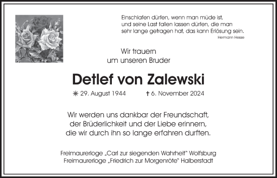 Traueranzeige von Detlef von Zalewski 