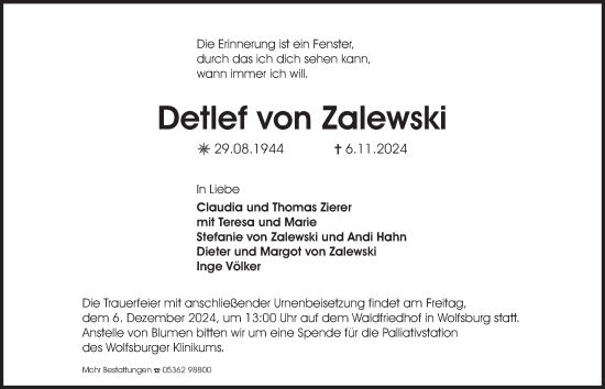 Traueranzeige von Detlef von Zalewski 