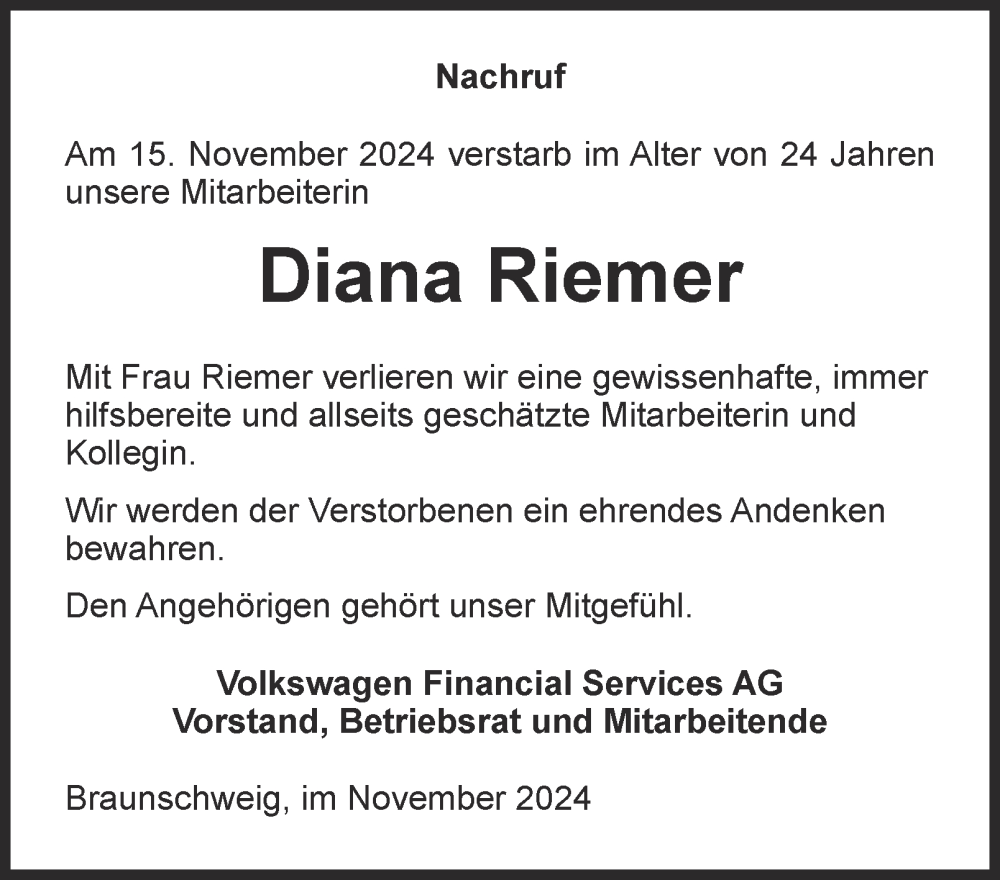  Traueranzeige für Diana Riemer vom 22.11.2024 aus 