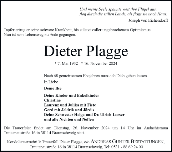 Traueranzeige von Dieter Plagge 