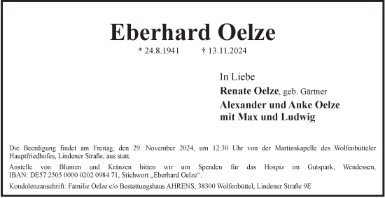 Traueranzeige von Eberhard Oelze von Wolfenbütteler Zeitung