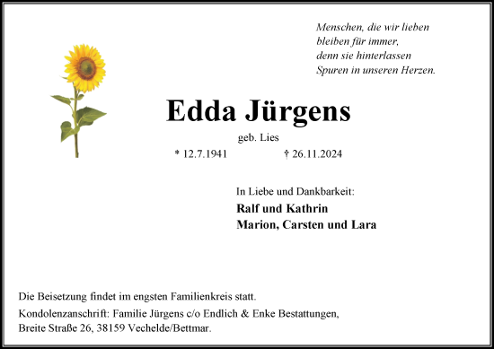 Traueranzeige von Edda Jürgens von Peiner Nachrichten