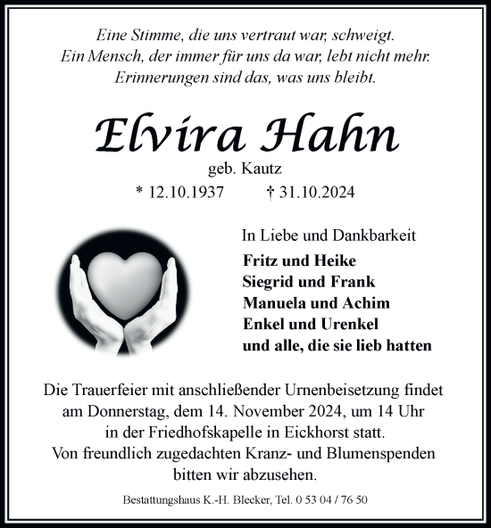 Traueranzeige von Elvira Hahn 