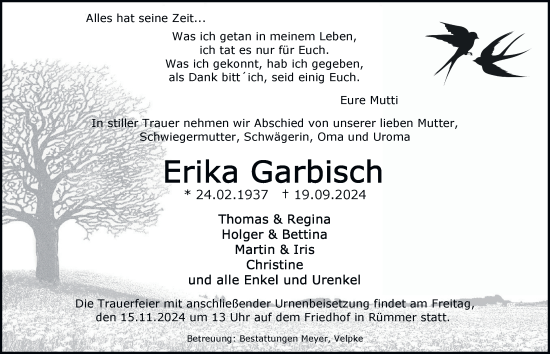 Traueranzeige von Erika Garbisch von Helmstedter Nachrichten