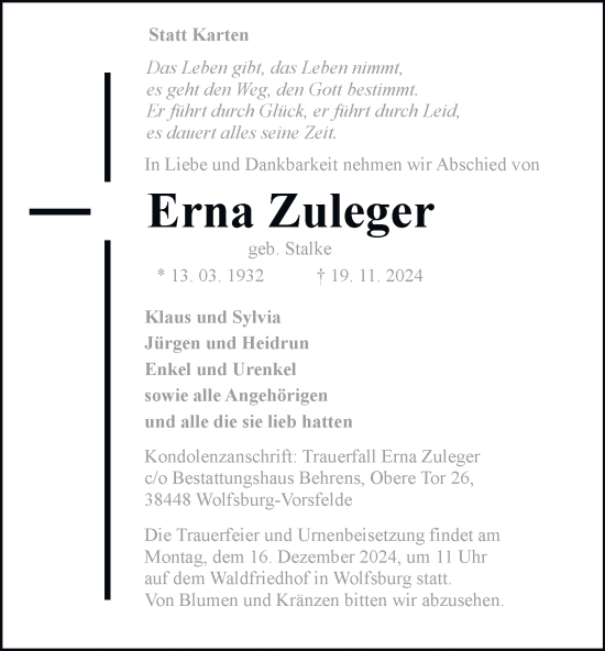 Traueranzeige von Erna Zuleger 