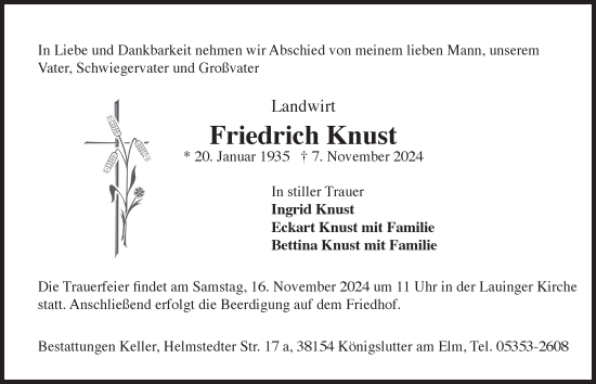 Traueranzeige von Friedrich Knust von Helmstedter Nachrichten