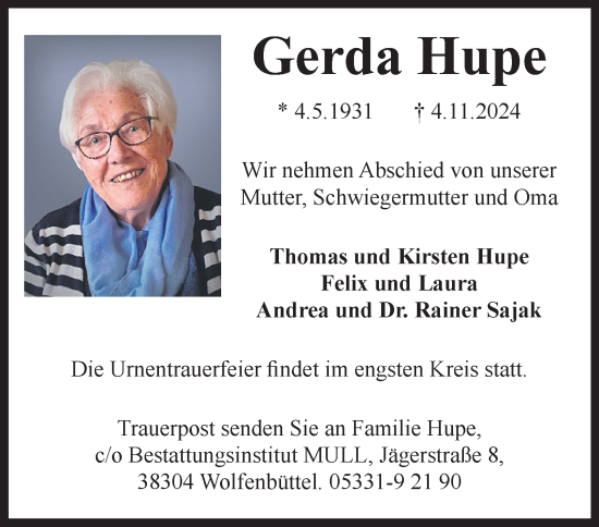 Traueranzeige von Gerda Hupe von Salzgitter-Zeitung