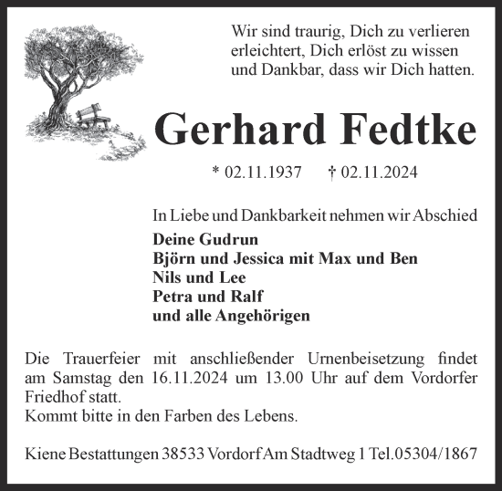 Traueranzeige von Gerhard Fedtke 