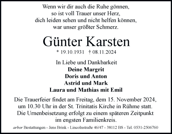 Traueranzeige von Günter Karsten 