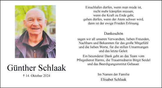 Traueranzeige von Günther Schlaak 