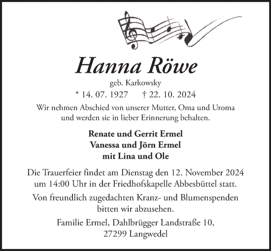 Traueranzeige von Hanna Röwe 