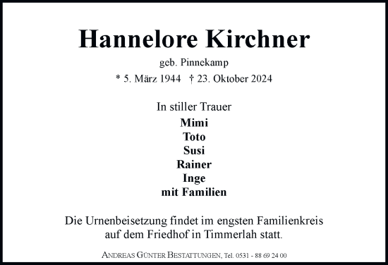 Traueranzeige von Hannelore Kirchner 