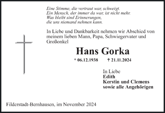 Traueranzeige von Hans Gorka 