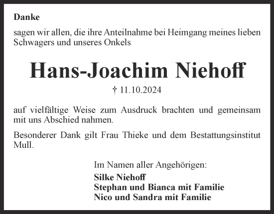 Traueranzeige von Hans-Joachim Niehoff von Wolfenbütteler Zeitung