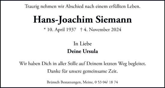 Traueranzeige von Hans-Joachim Siemann 