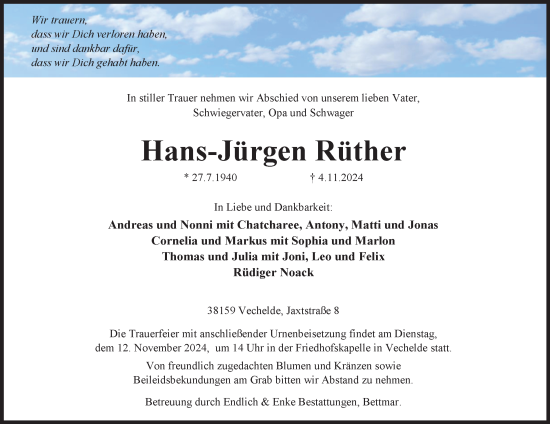 Traueranzeige von Hans-Jürgen Rüther von Peiner Nachrichten