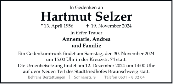 Traueranzeige von Hartmut Selzer 