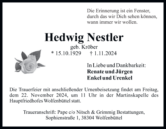 Traueranzeige von Hedwig Nestler von Wolfenbütteler Zeitung