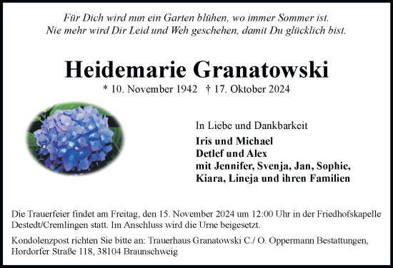 Traueranzeige von Heidemarie Granatowski 