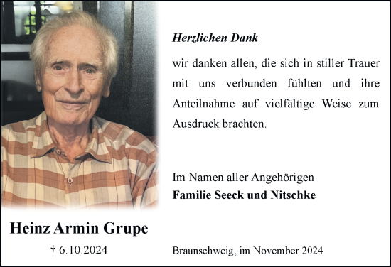 Traueranzeige von Heinz Armin  Grupe 