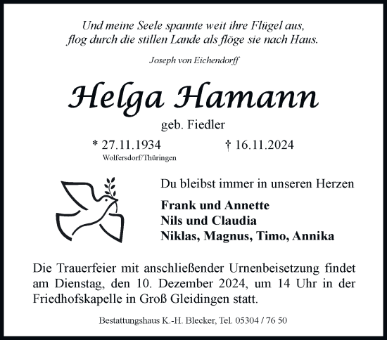 Traueranzeige von Helga Hamann 