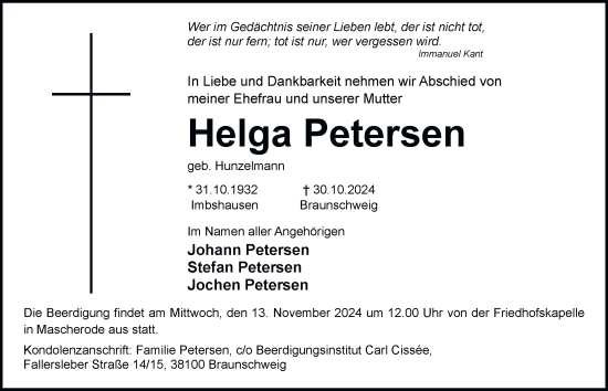 Traueranzeige von Helga Petersen 