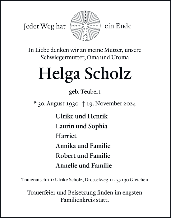 Traueranzeige von Helga Scholz 