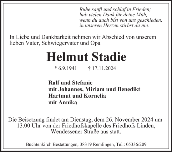 Traueranzeige von Helmut Stadie 