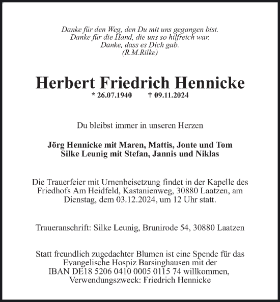 Traueranzeige von Herbert Friedrich Hennicke von Wolfenbütteler Zeitung