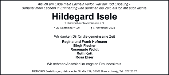 Traueranzeige von Hildegard Isele 