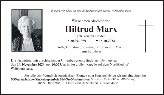 Traueranzeige von Hiltrud Marx 