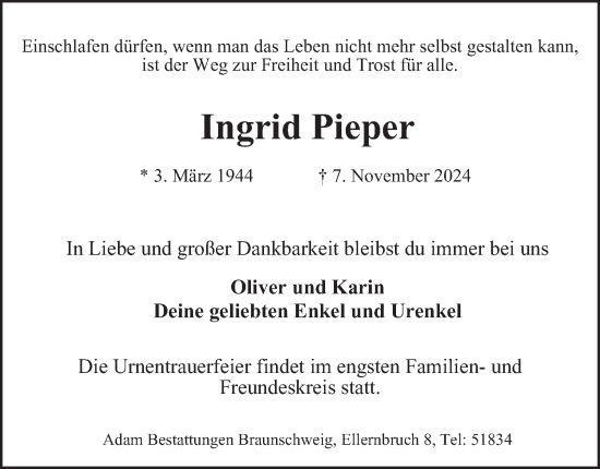 Traueranzeige von Ingrid Pieper 