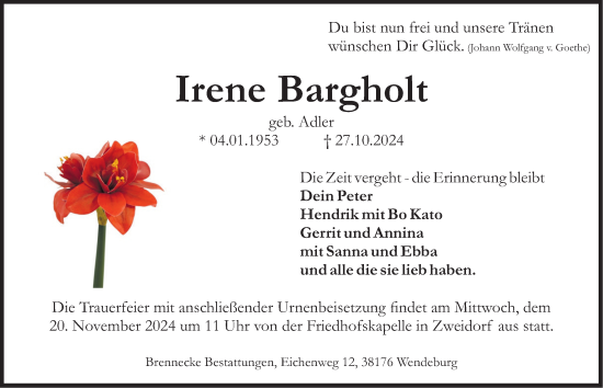 Traueranzeige von Irene Bargholt 