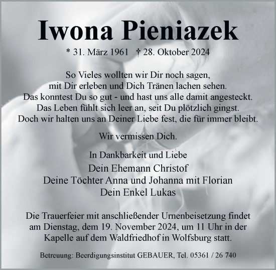 Traueranzeige von Iwona Pieniazek 