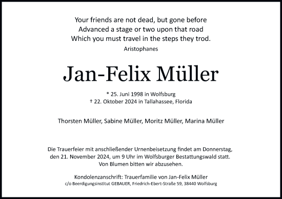 Traueranzeige von Jan-Felix Müller 