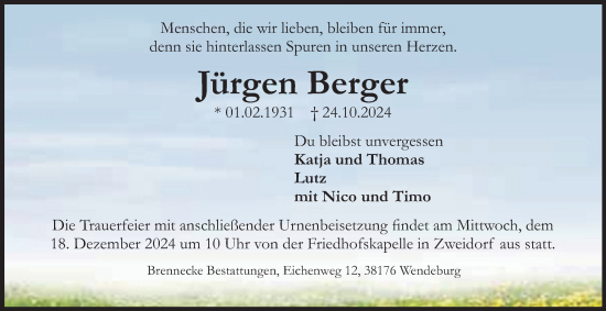 Traueranzeige von Jürgen Berger 