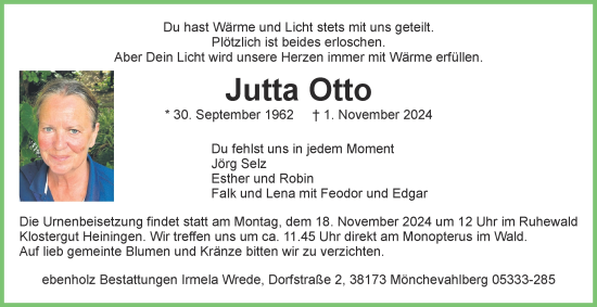 Traueranzeige von Jutta Otto von Wolfenbütteler Zeitung